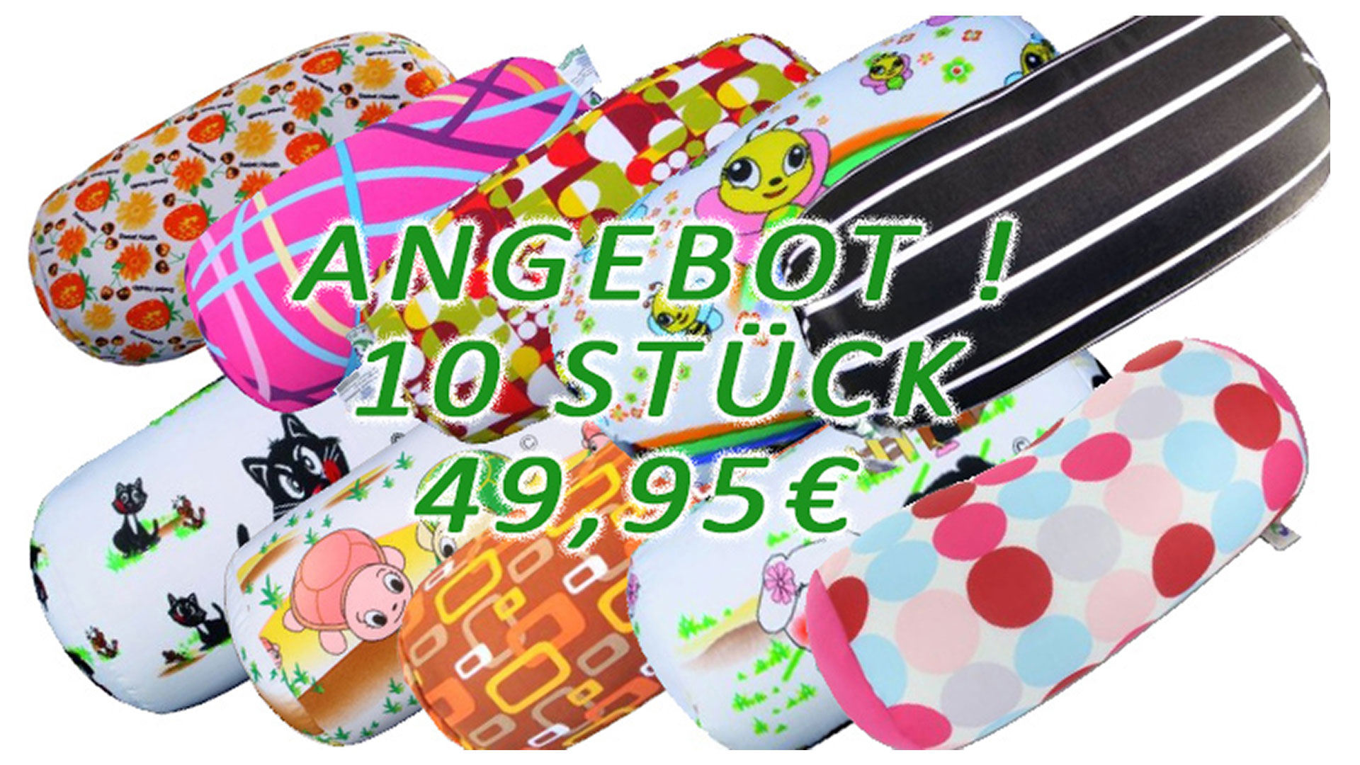 Kuschelkissenangebot Mix 10 Stück Schlauchform und Nackenrolle gemischt, Farb- und Musterauswahl zufällig
